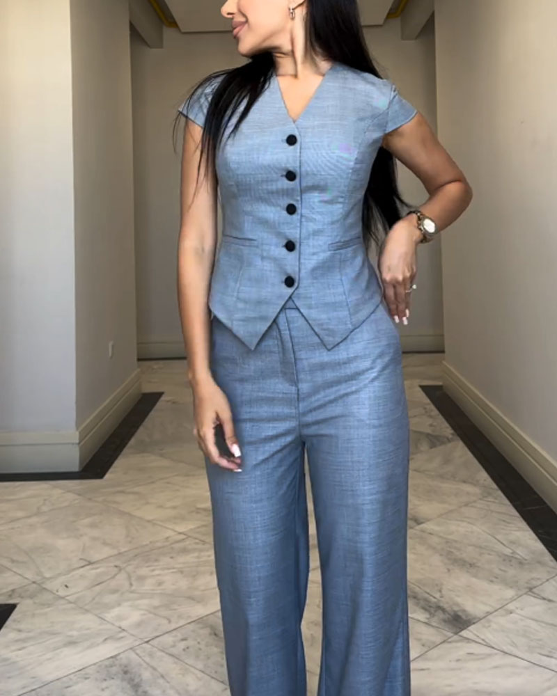 Elle | Set with V-Neck Blouse and Trousers
