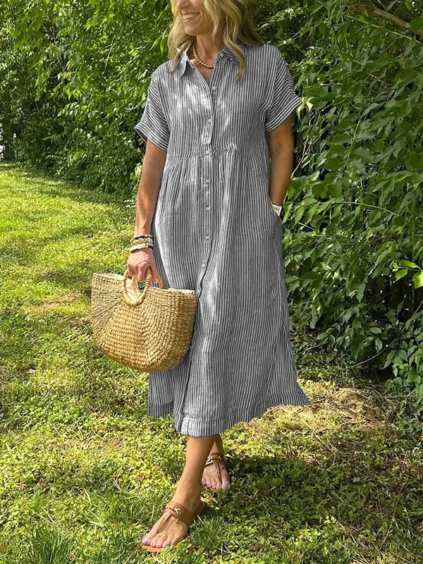 Amandine | Elegant Striped Shirt Dress with Notched Collar