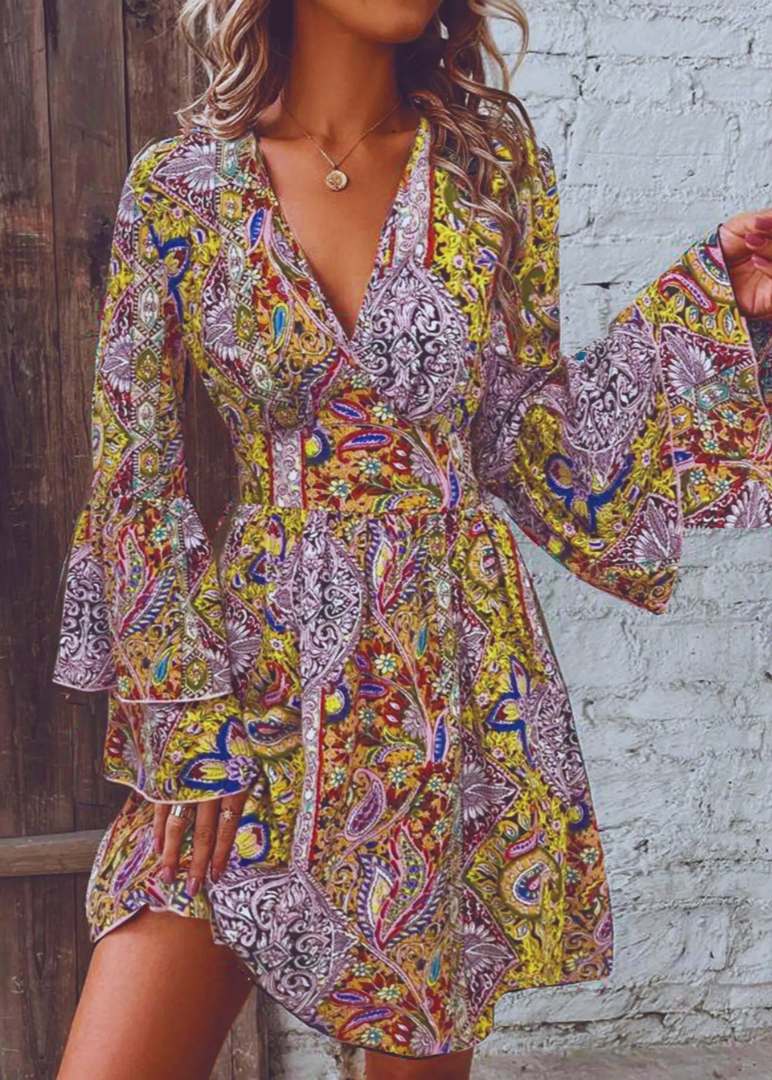 The Alina – Flare Sleeve Floral V-Neck Dress