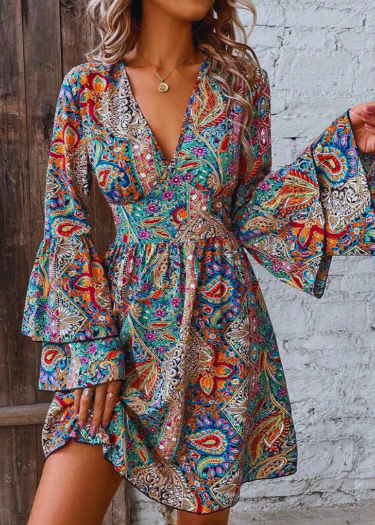 The Alina – Flare Sleeve Floral V-Neck Dress