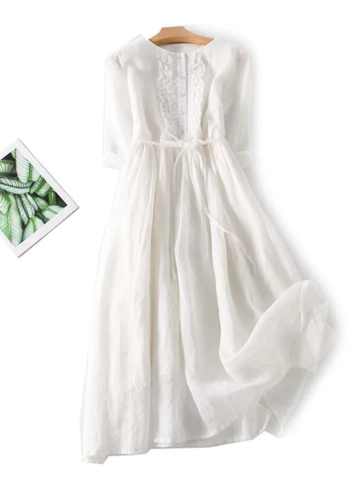 ARIAH | Women's Retro Style Dress with Round Neck and Waist Ties