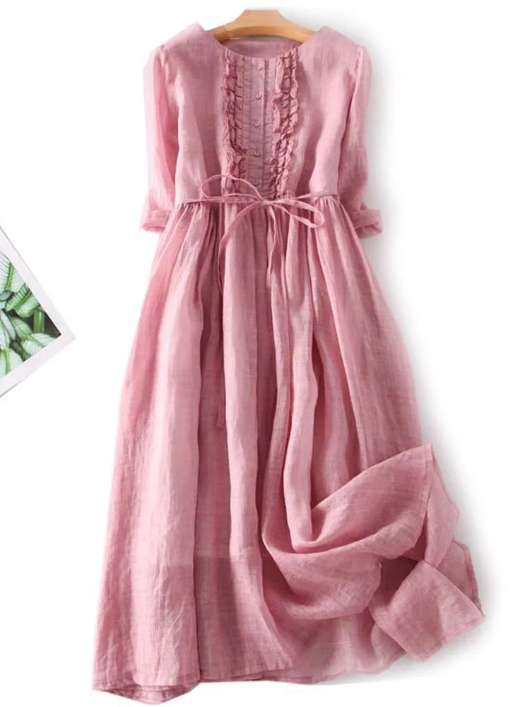 ARIAH | Women's Retro Style Dress with Round Neck and Waist Ties