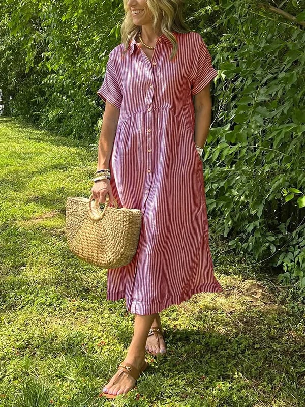 Amandine | Elegant Striped Shirt Dress with Notched Collar