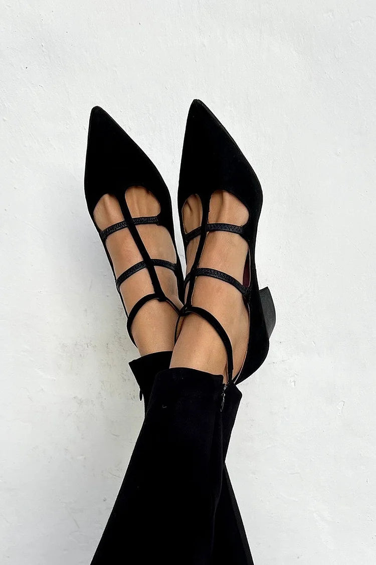 ANNELORE | Elegant Black Ankle Boots with a Sand Nose and Strap
