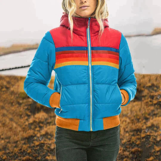 Multicolored Striped Padded Jacket with Hood for Women - Livia