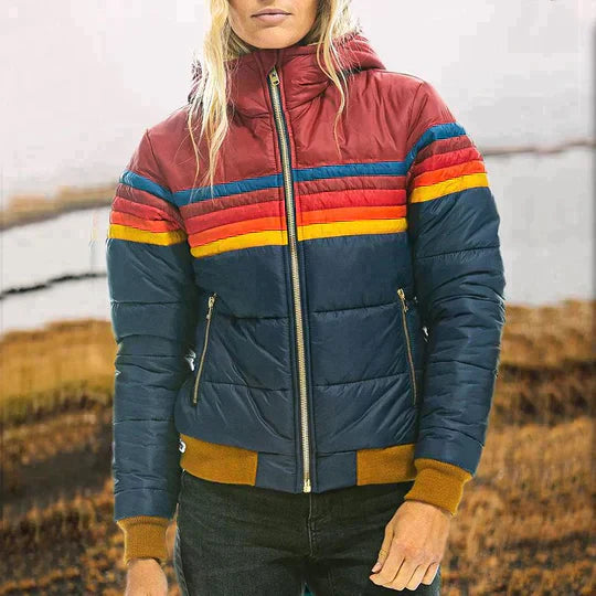 Multicolored Striped Padded Jacket with Hood for Women - Livia