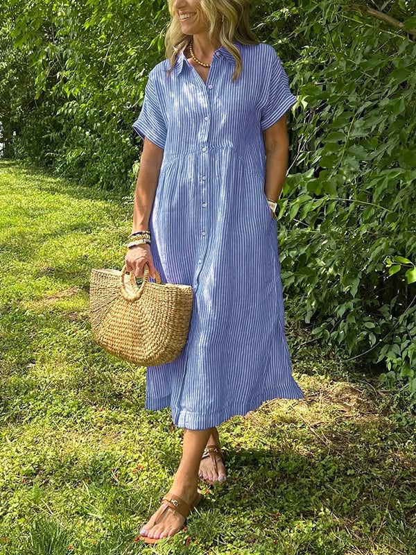 Amandine | Elegant Striped Shirt Dress with Notched Collar