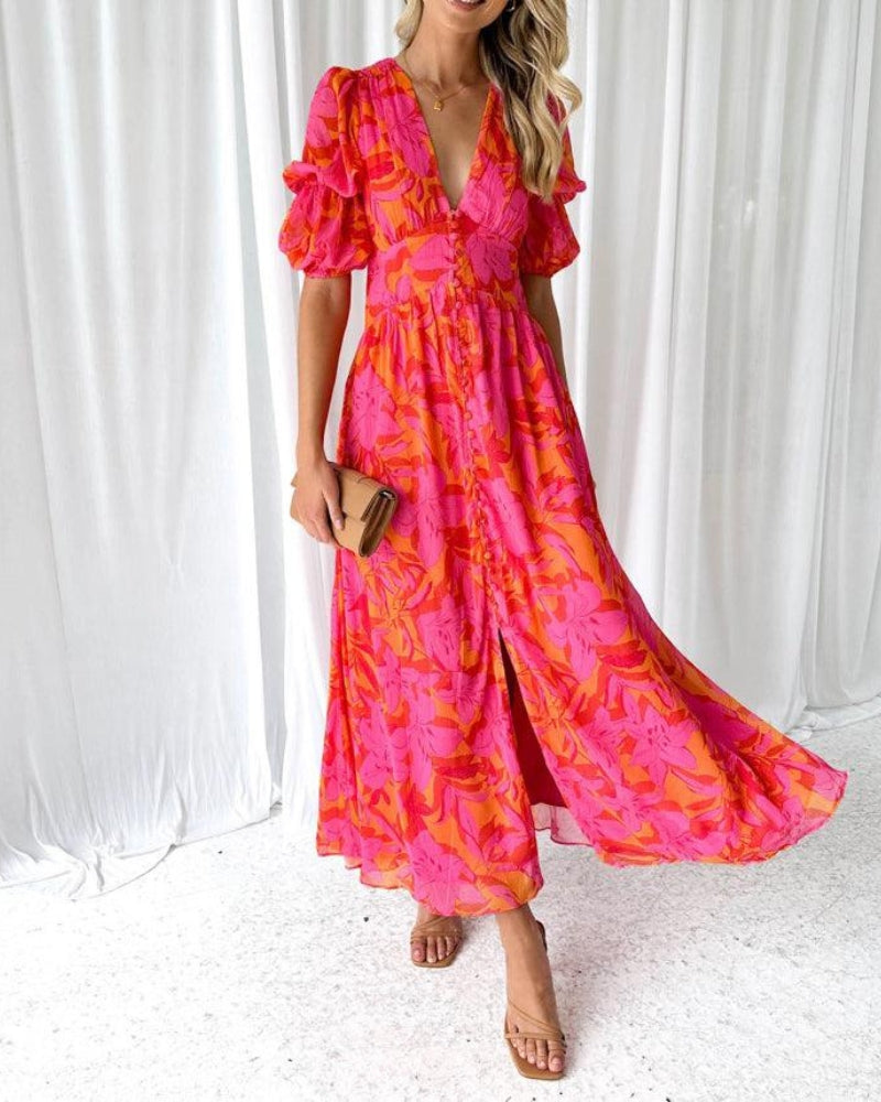 Alva - Elegant maxi dress with puffed sleeves and V-neckline