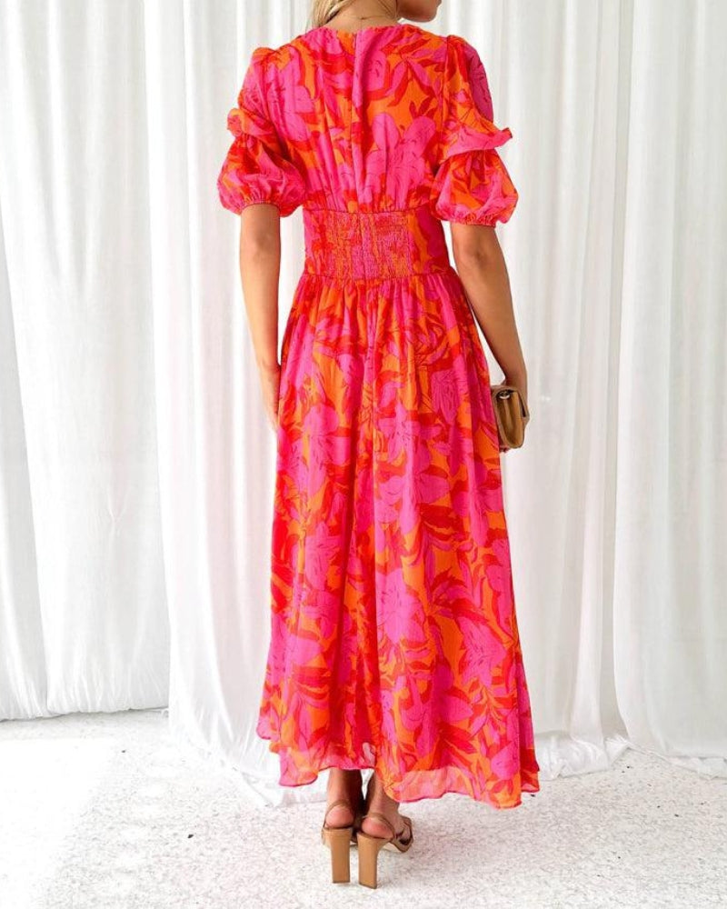 Alva - Elegant maxi dress with puffed sleeves and V-neckline