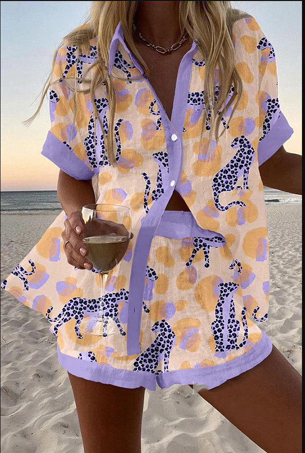 Reolia | Short Linen Set with Leopard Print