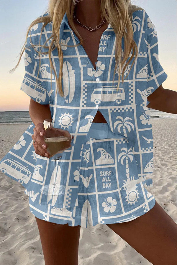 Trenara | Short Linen Set with Caravan Print