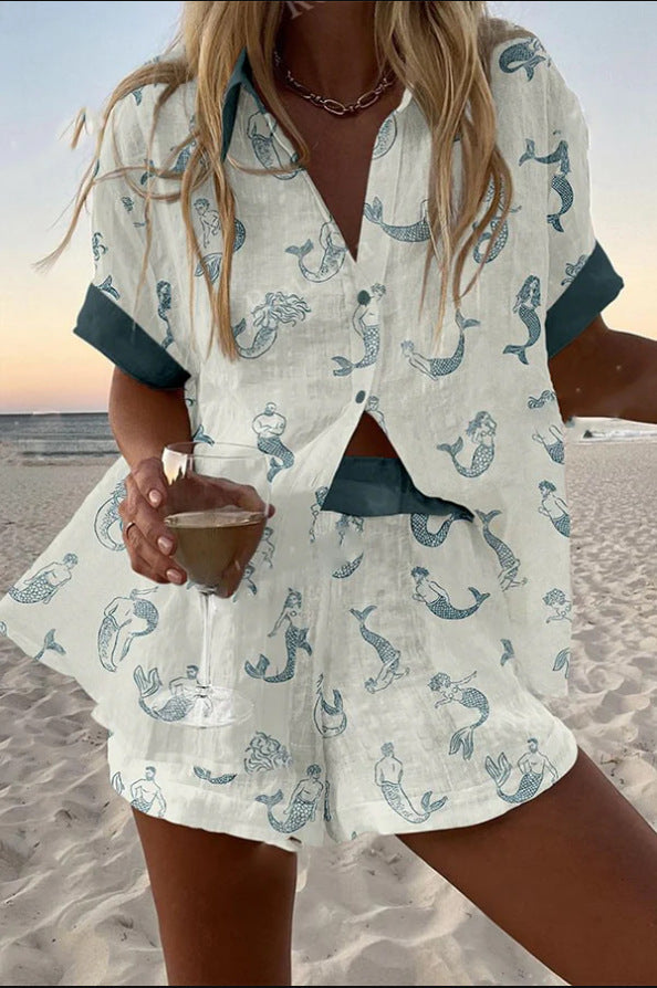 Jalira | Short linen set with mermaid print