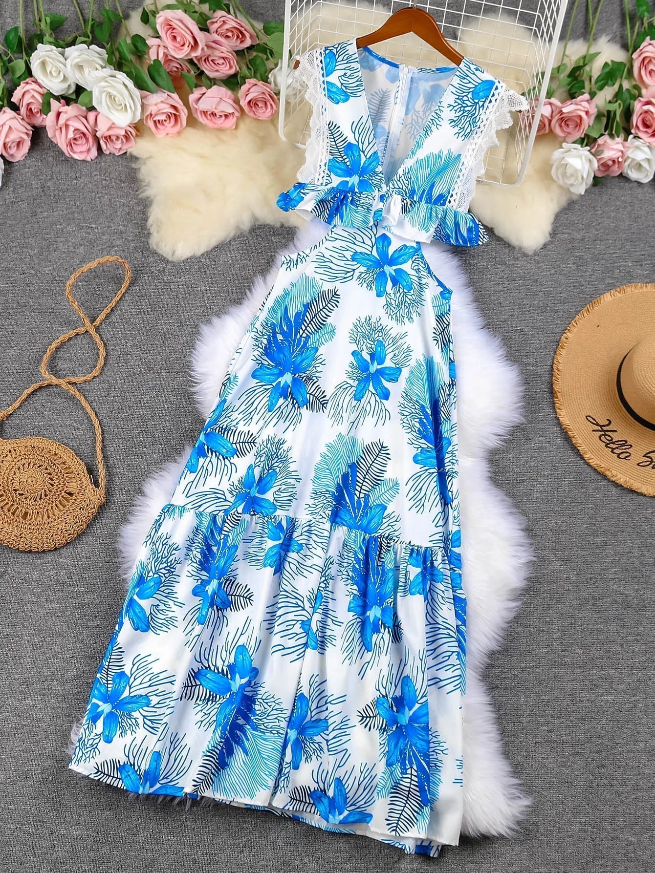 Margie - Madingas Maxi Nėrinių Suknelė be Rankovių