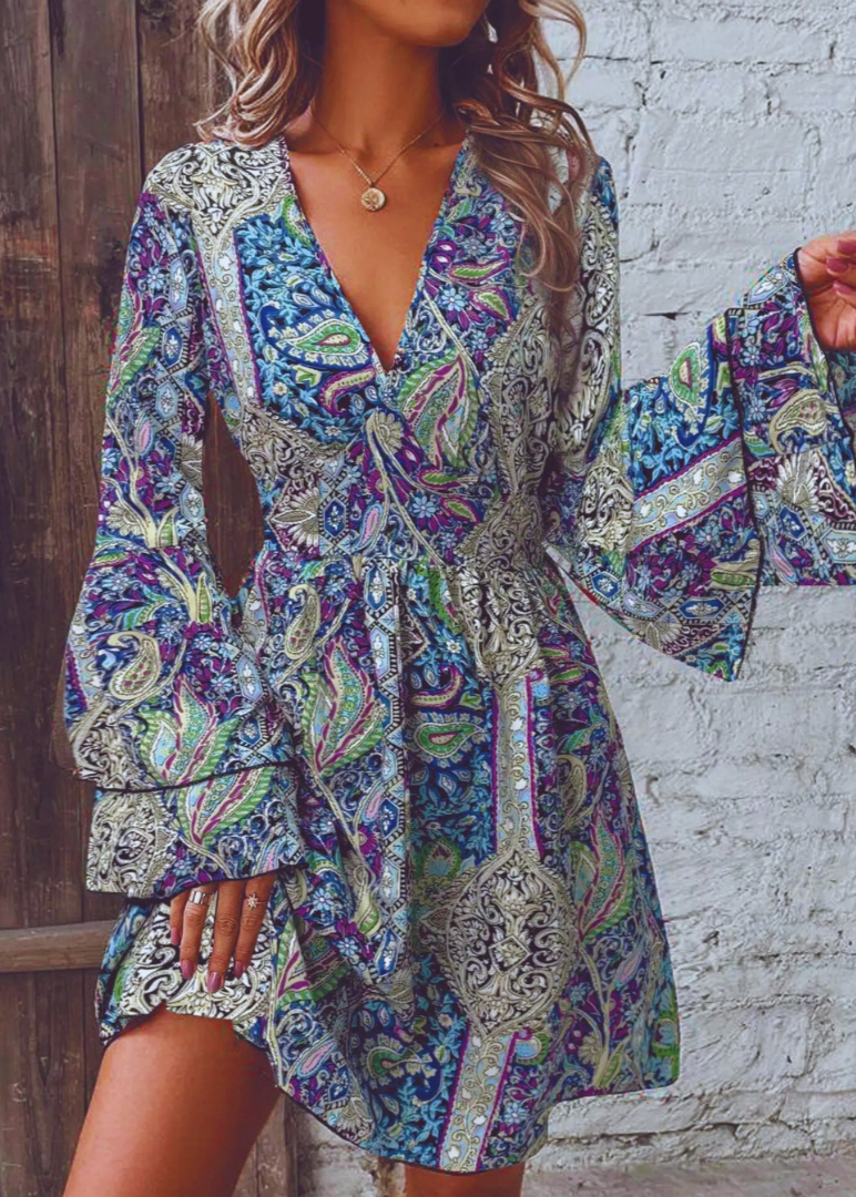 The Alina – Flare Sleeve Floral V-Neck Dress