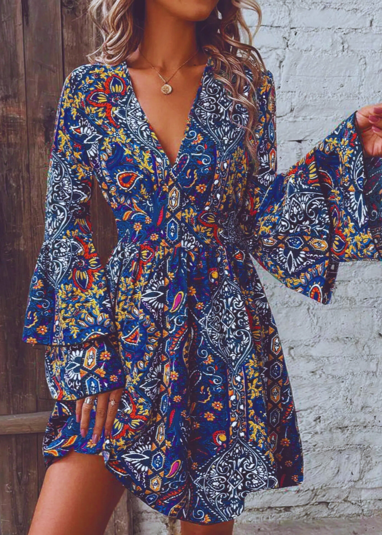 The Alina – Flare Sleeve Floral V-Neck Dress