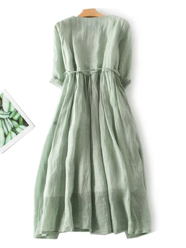 ARIAH | Women's Retro Style Dress with Round Neck and Waist Ties