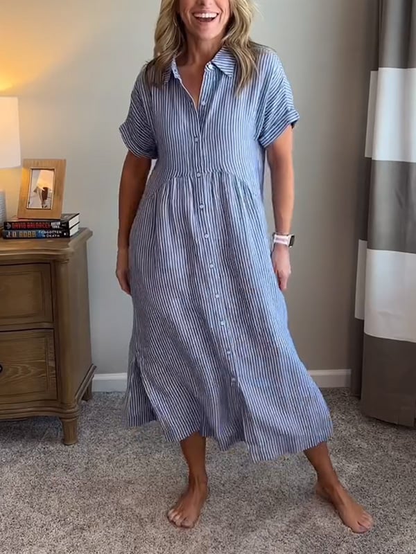 Amandine | Elegant Striped Shirt Dress with Notched Collar