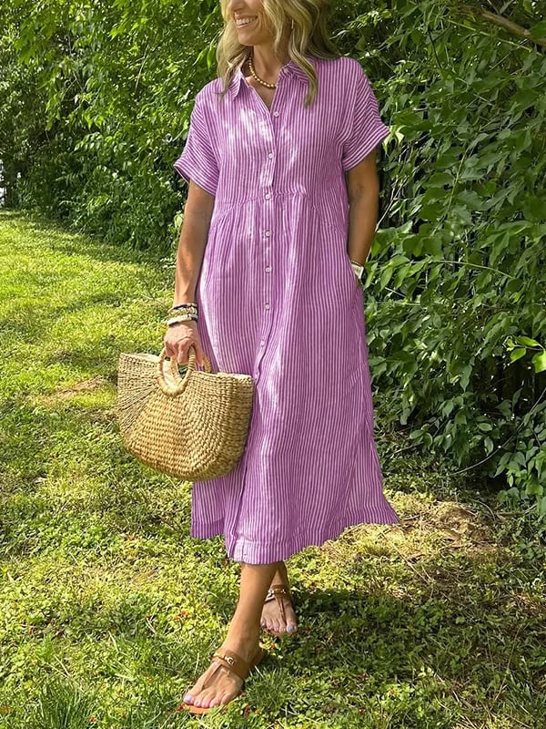 Amandine | Elegant Striped Shirt Dress with Notched Collar