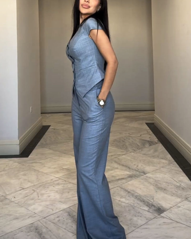 Elle | Set with V-Neck Blouse and Trousers